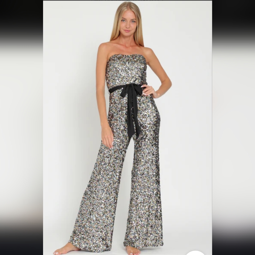 Sequin Strapless Jumpsuit - Silver and Black